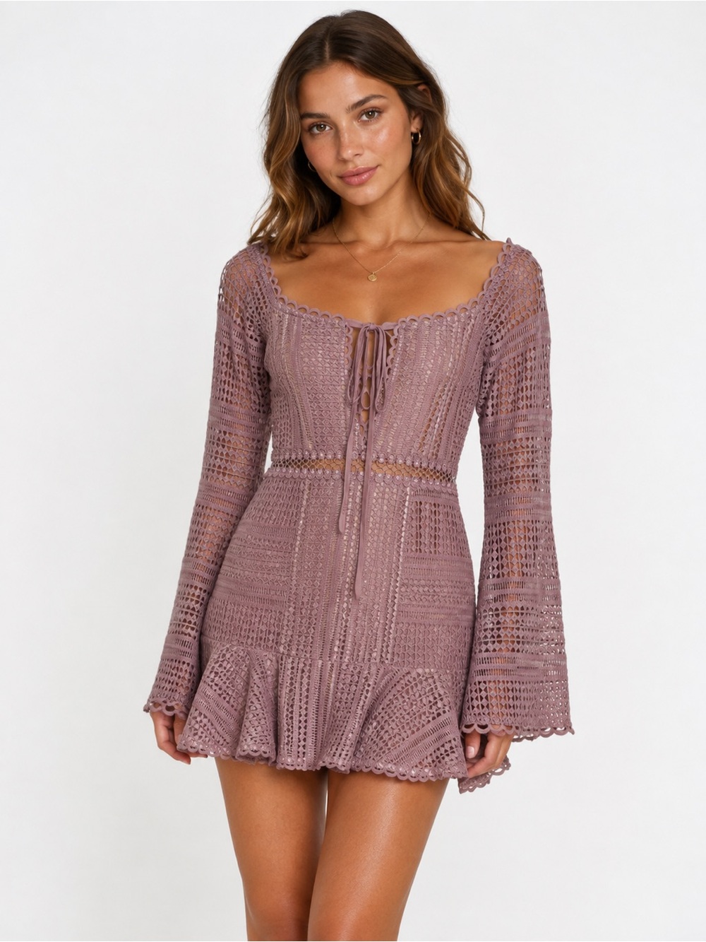 Misguided Lace Crochet Flared Sleeve Boho Festival Mini Dress in Dusty Mauve